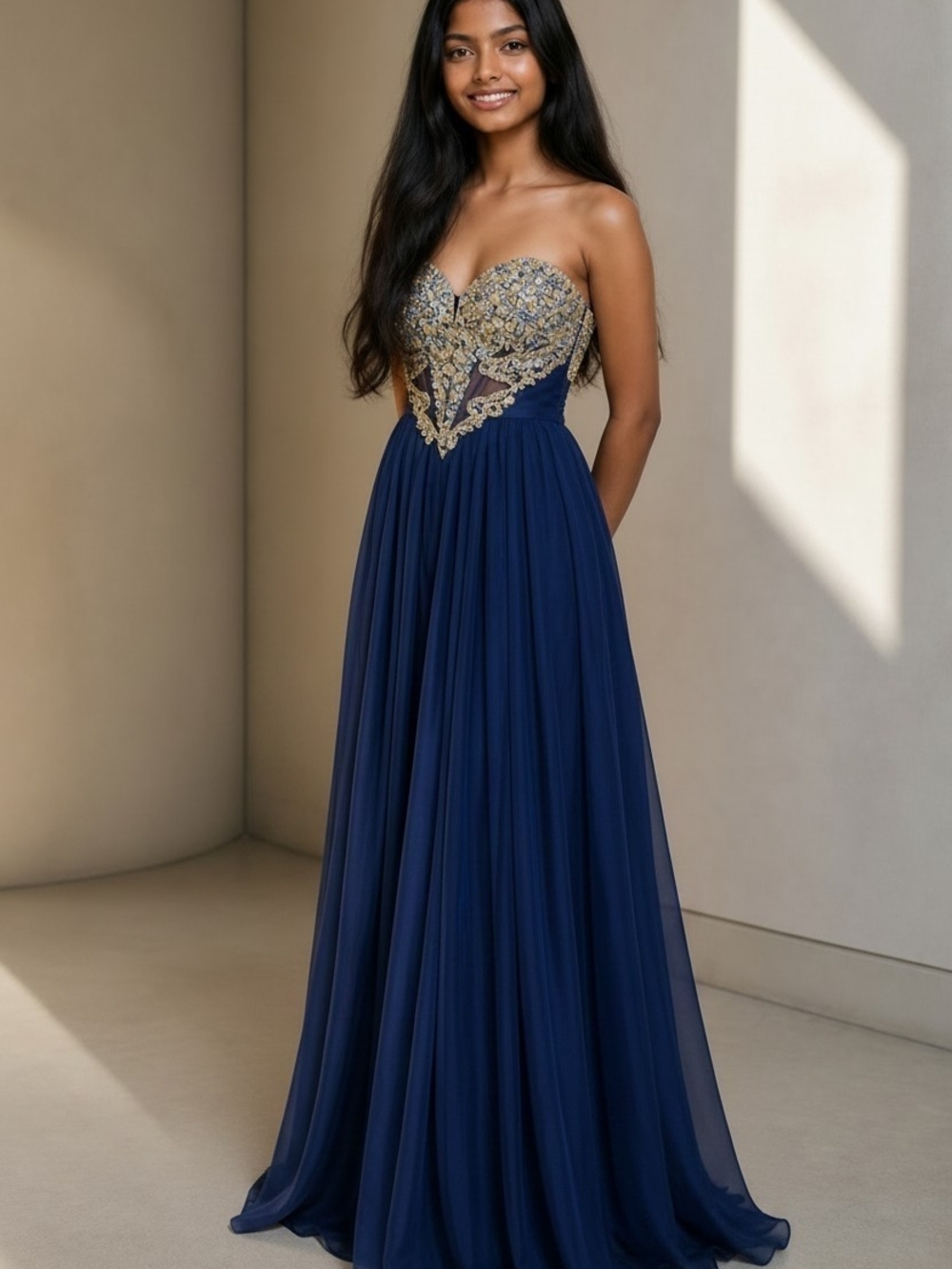 Faviana Navy Blue Strapless Gown with Beaded Gem Embellished Bodice